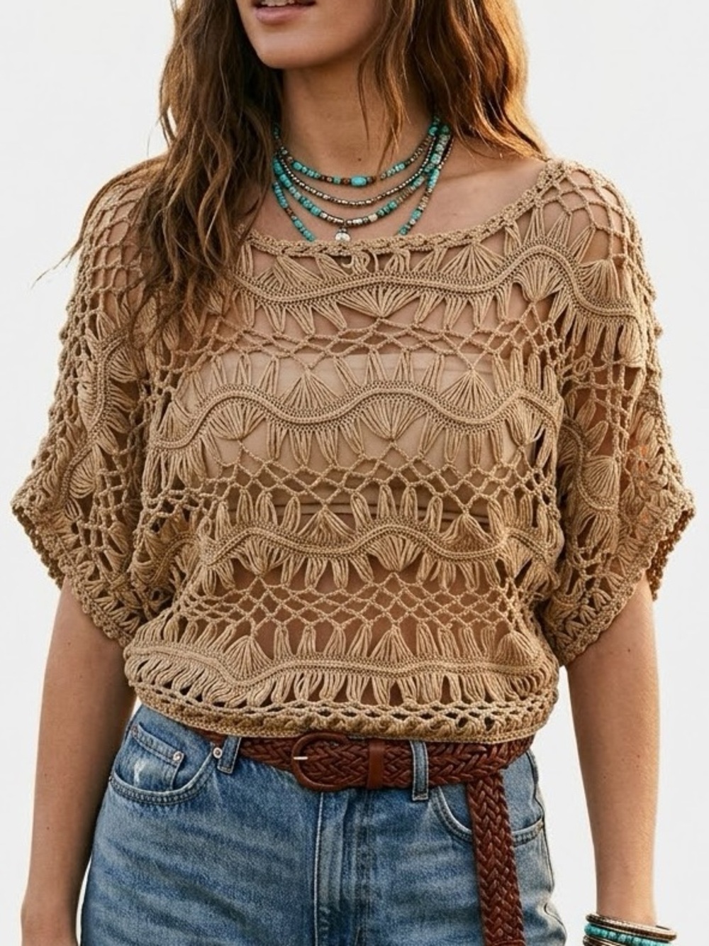 Cute Loose Knit Cropped Short Sleeve Top.